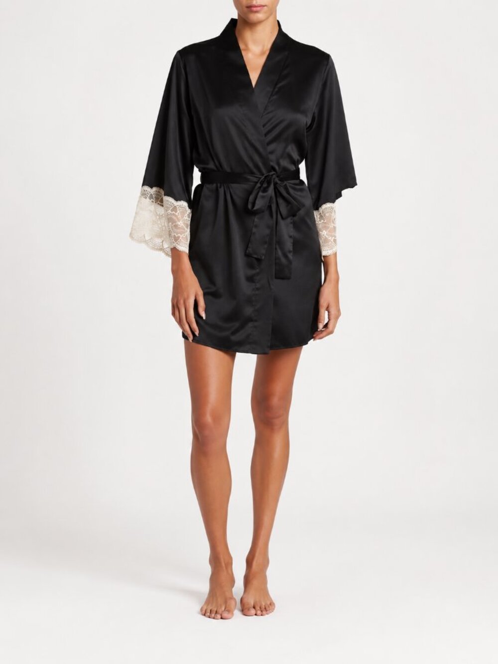 Flora Nikrooz Kit Satin Lace Robe Black Cream S/M NWT